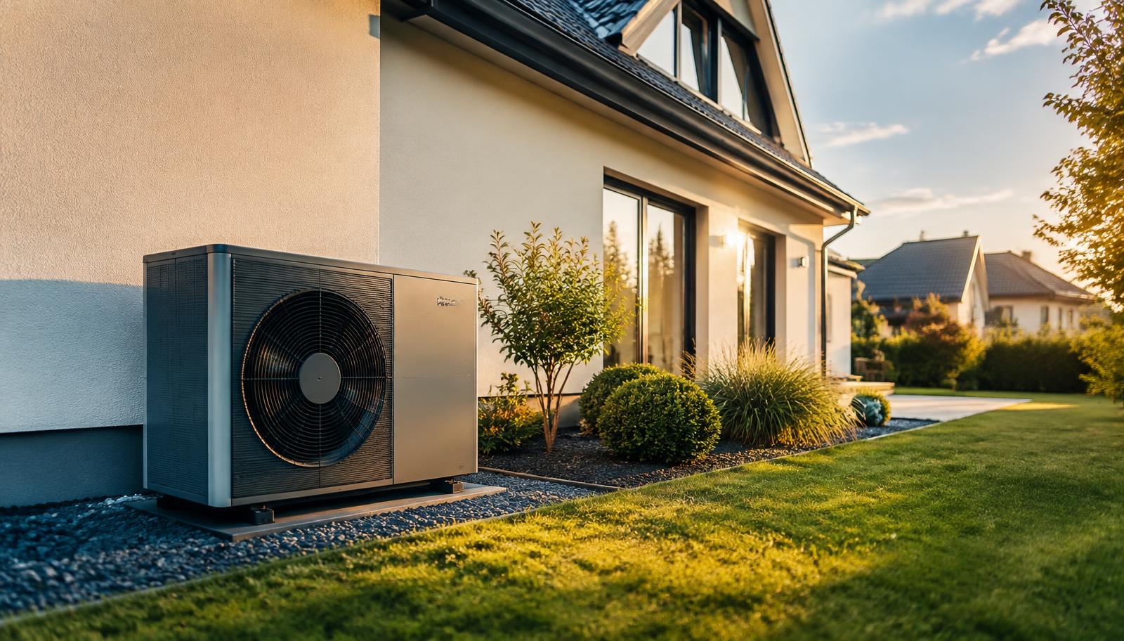 Luft-Wärmepumpe vor einem modernen Einfamilienhaus