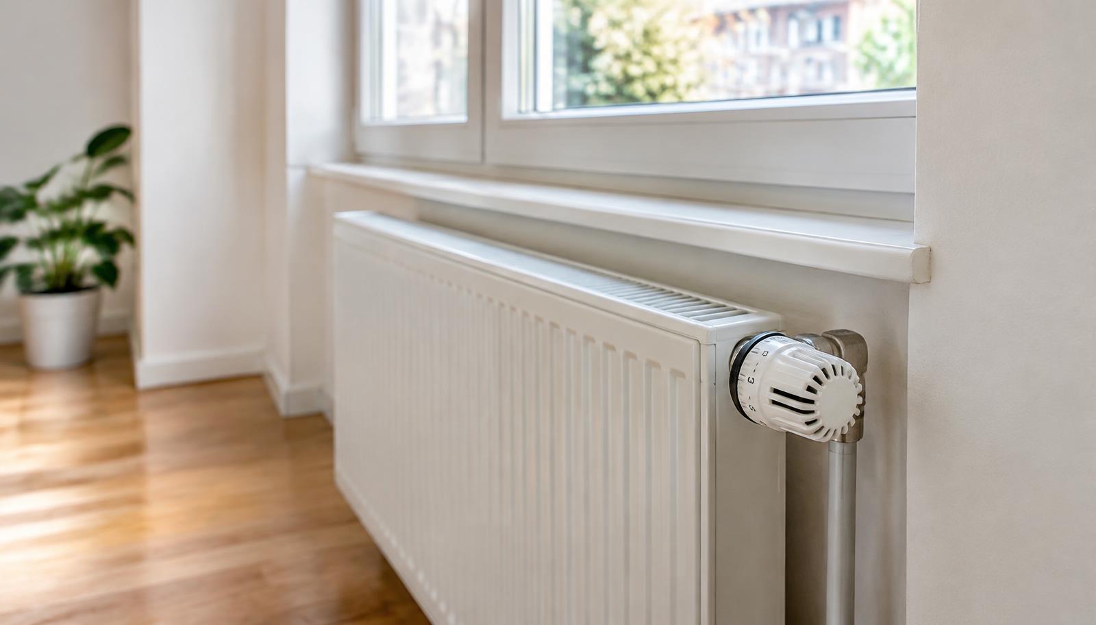 Heizkörper mit Thermostat unter einem Fenster in einer Mietwohnung