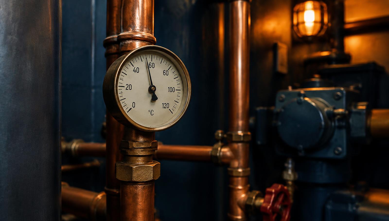 Thermometer an einer Kupferleitung im Heizungskeller
